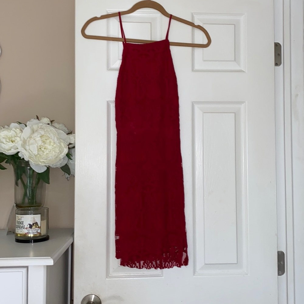 Red lace criss cross back mini dress